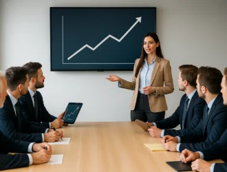 Une femme en tenue professionnelle debout, en bout de table, présente un projet avec assurance face à un groupe de collègues hommes attentifs. Un écran en arrière-plan affiche une courbe de croissance. L'image symbolise la prise de parole réussie et le leadership.