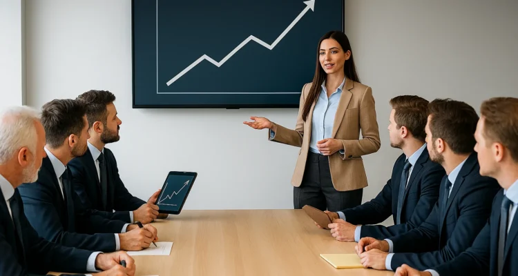 Une femme en tenue professionnelle debout, en bout de table, présente un projet avec assurance face à un groupe de collègues hommes attentifs. Un écran en arrière-plan affiche une courbe de croissance. L'image symbolise la prise de parole réussie et le leadership.