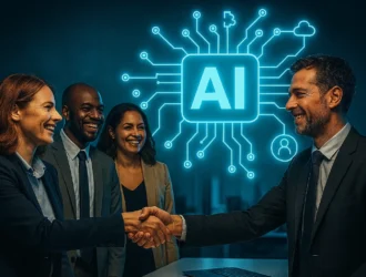 Illustration montrant deux professionnels se serrant la main chaleureusement avec des collègues souriants en arrière-plan. Un graphique numérique lumineux symbolisant l'intelligence artificielle flotte au-dessus, représentant la complémentarité entre technologie et compétences humaines.