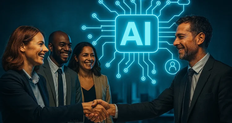 Illustration montrant deux professionnels se serrant la main chaleureusement avec des collègues souriants en arrière-plan. Un graphique numérique lumineux symbolisant l'intelligence artificielle flotte au-dessus, représentant la complémentarité entre technologie et compétences humaines.