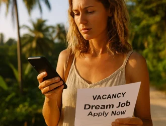 Personne tenant une annonce de poste "Dream Job" dans un décor tropical, symbolisant une opportunité inattendue.