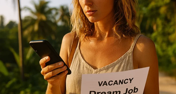 Personne tenant une annonce de poste "Dream Job" dans un décor tropical, symbolisant une opportunité inattendue.