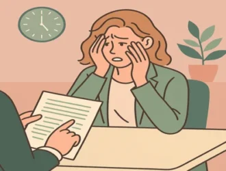 Candidate stressée en entretien d’embauche face au recruteur, difficulté à structurer ses réponses
