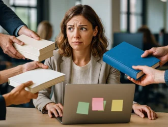 Personne assise devant un ordinateur, entourée de mains tendant des dossiers, exprimant le stress et le doute face à la masse d'information à traiter quand on prend un nouveau travail ou de nouvelles responsabilités.