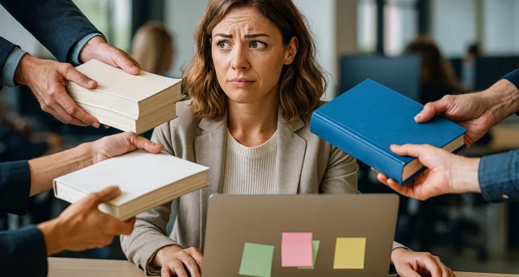 Personne assise devant un ordinateur, entourée de mains tendant des dossiers, exprimant le stress et le doute face à la masse d'information à traiter quand on prend un nouveau travail ou de nouvelles responsabilités.