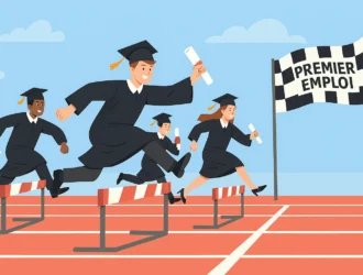 quatre jeunes diplômés, en toge et mortier, courent sur une piste d'athlétisme. Ils sautent par dessus des haies pour atteindre un drapeau à damier marqué "Premier emploi". L'image symbolise la difficulté, pour les jeunes diplômés, de trouver leur premier emploi.