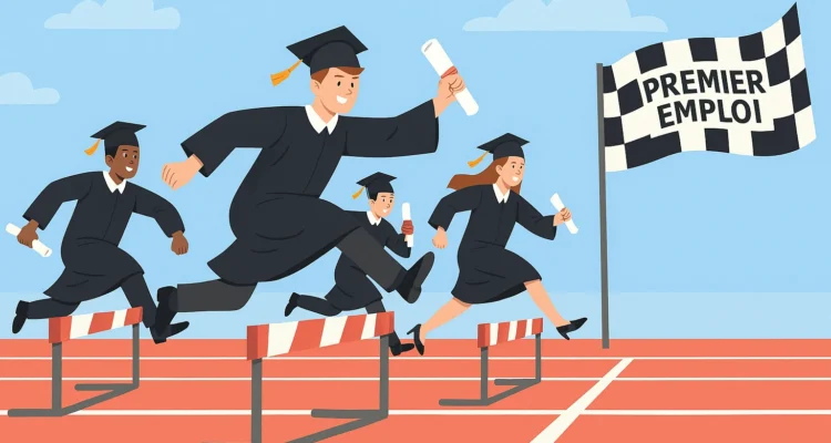quatre jeunes diplômés, en toge et mortier, courent sur une piste d'athlétisme. Ils sautent par dessus des haies pour atteindre un drapeau à damier marqué "Premier emploi". L'image symbolise la difficulté, pour les jeunes diplômés, de trouver leur premier emploi.