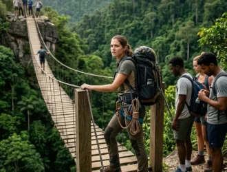 Une femme super bien équipée se tient devant un pont suspendu dans la jungle, prête à oser avancer malgré sa peur. Derrière elle, trois personnes moins équipées attendent sans la regarder. Une personne est déjà engagée sur le pont, et un groupe est arrivé au bout, symbolisant le fait d'oser avancer même quand on tremble.