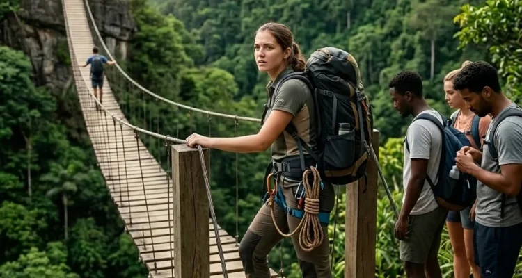 Une femme super bien équipée se tient devant un pont suspendu dans la jungle, prête à oser avancer malgré sa peur. Derrière elle, trois personnes moins équipées attendent sans la regarder. Une personne est déjà engagée sur le pont, et un groupe est arrivé au bout, symbolisant le fait d'oser avancer même quand on tremble.
