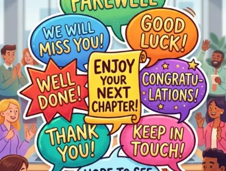 Une illustration colorée et festive d'une fête de départ au bureau, entourée de bulles de texte contenant des messages d'adieu positifs et d'encouragement de la part de collègues.