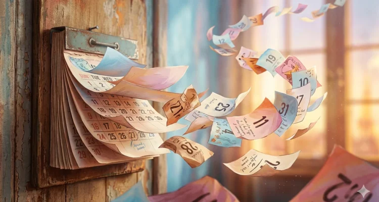 Calendrier aux pages s'envolant illustrant le temps de recherche d'emploi en Belgique.