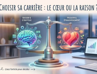 Illustration d'une balance sur un bureau professionnel avec un cerveau (raison) et un cœur (passion) en équilibre devant un ordinateur.