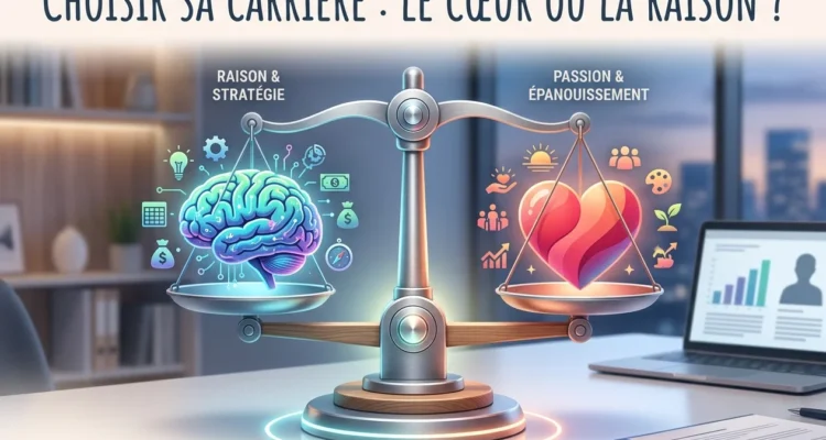 Illustration d'une balance sur un bureau professionnel avec un cerveau (raison) et un cœur (passion) en équilibre devant un ordinateur.