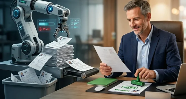 Recrutement : tri automatique des CV par un robot et validation humaine de la personnalité du candidat par un recruteur.