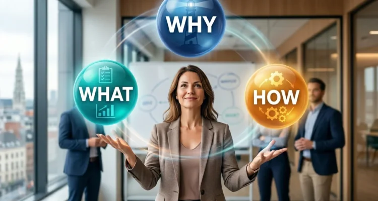 Une jeune femme leader jonglant avec trois sphères lumineuses WHAT, HOW et WHY dans un bureau moderne.