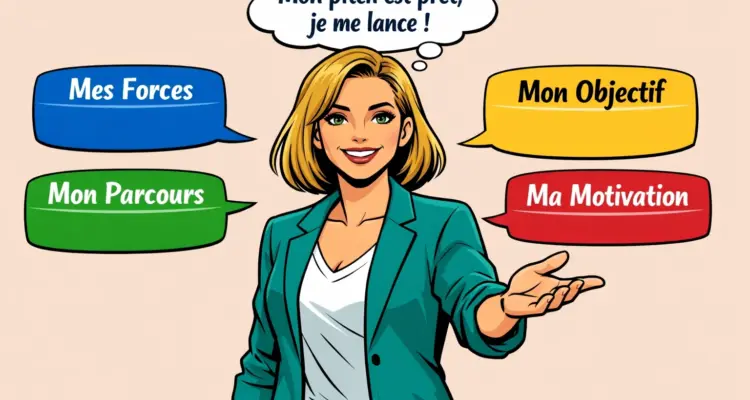 Illustration BD d’une femme confiante parce qu'elle a préparé son pitch et est prête à parler. Elle est entourée de quatre bulles colorées : Mes Forces, Mon Parcours, Mon Objectif, Ma Motivation.